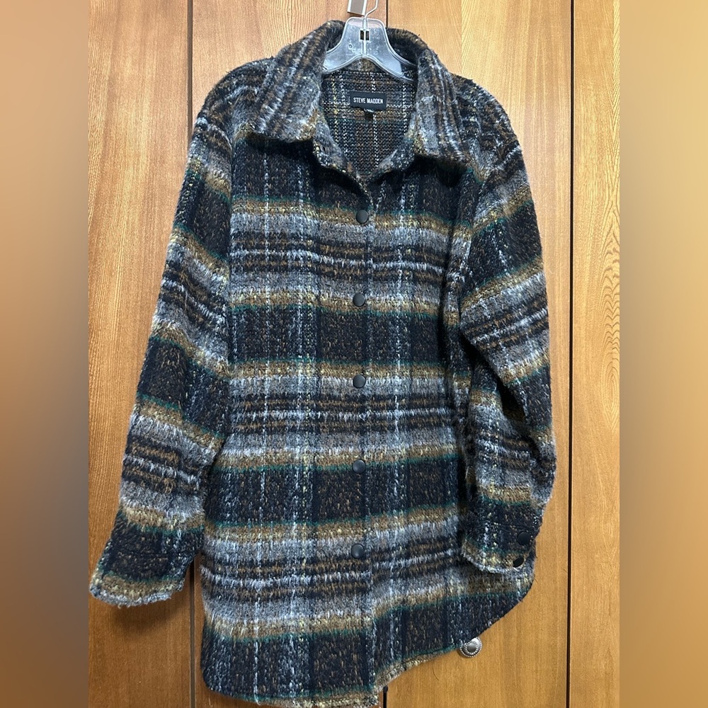 Steve Madden Striped Plaid Wool-Blend Coat in Black, Gray & Green